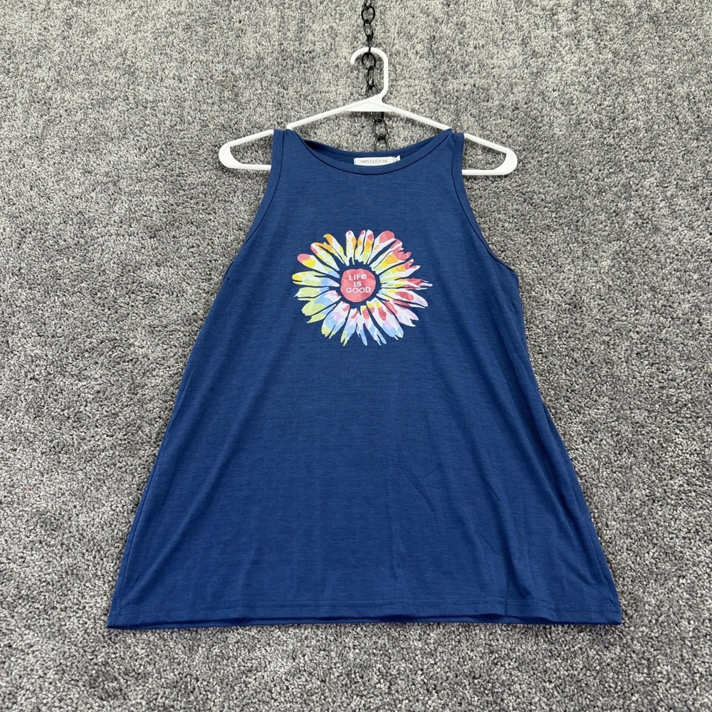 MissLook Tank Top Womens XL Blue Floral Life Is Good Graphic Summer Casual